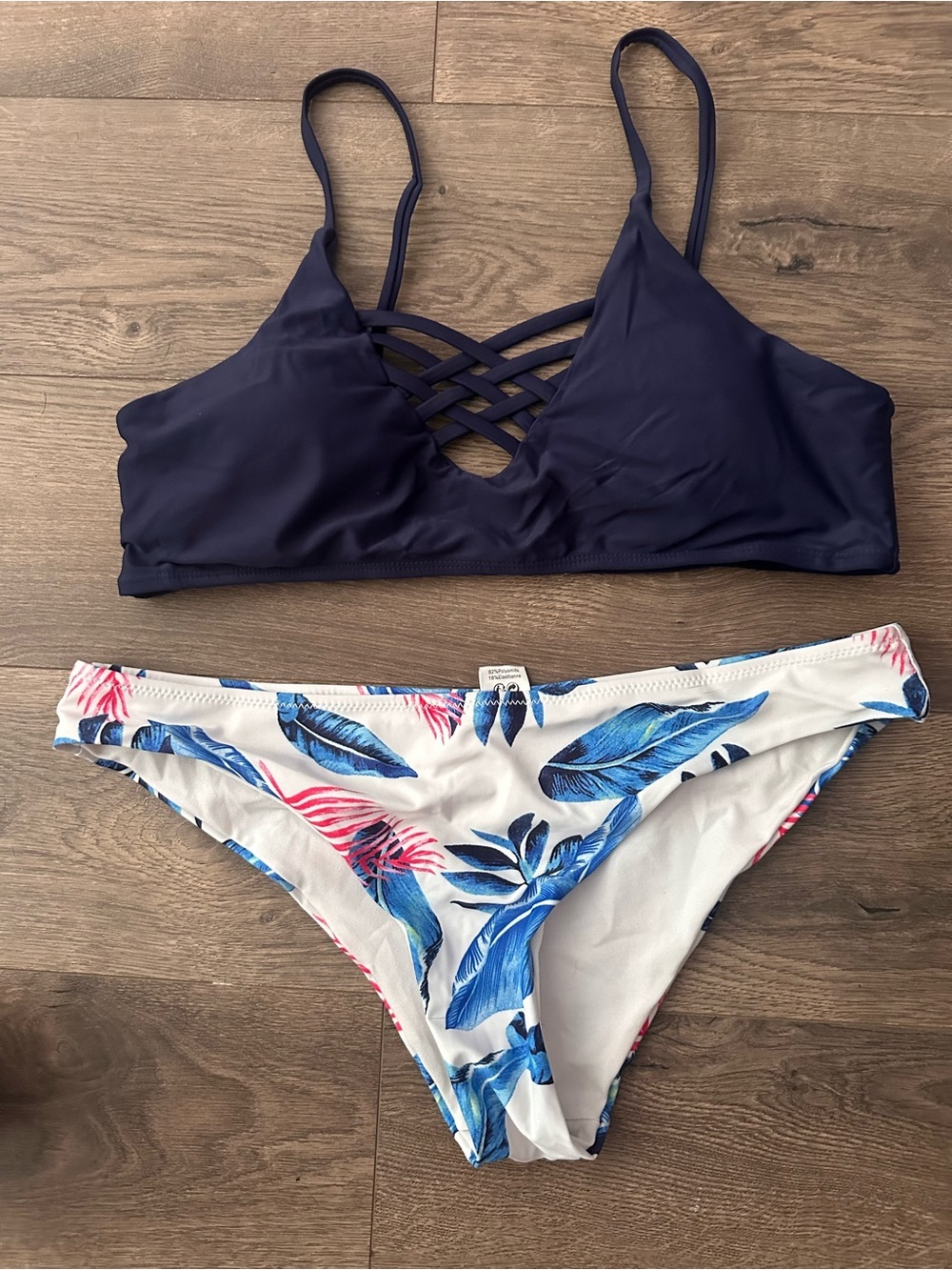 Navy Strappy Bralette Bikini Top with White Tropical Blue-Pink Bottoms